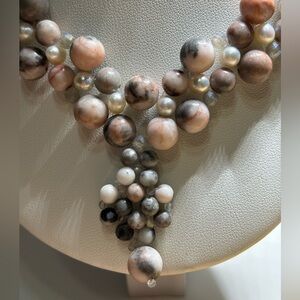 Handmade Pink Zebra Jasper Freshwater Pearl and Labradorite Necklace 17 inches